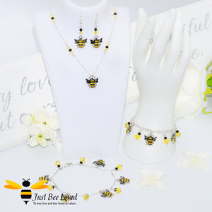 Just Bee Loved Handmade Silver Bee Charms 4 Piece Jewellery Set, bee earrings, bee necklace, bee bracelet, bee anklet Bee Trendy Fashion Jewellery