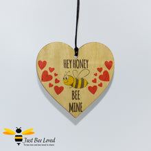 Load image into Gallery viewer, &quot;Honey Bee Mine&quot; Wooden Love Heart Mini Hanging Sign featuring a bumblebee and love hearts
