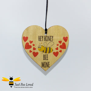 "Honey Bee Mine" Wooden Love Heart Mini Hanging Sign featuring a bumblebee and love hearts