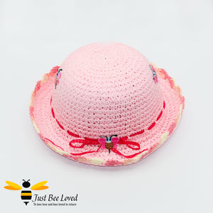 Girl's Pink Crocheted Straw Bowler Hat with Embroidered Bees and ribbons
