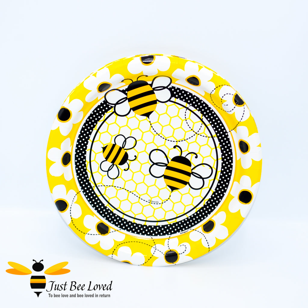 Bee themed disposable party plates featuring bumble bees, daisy flowers on yellow background.