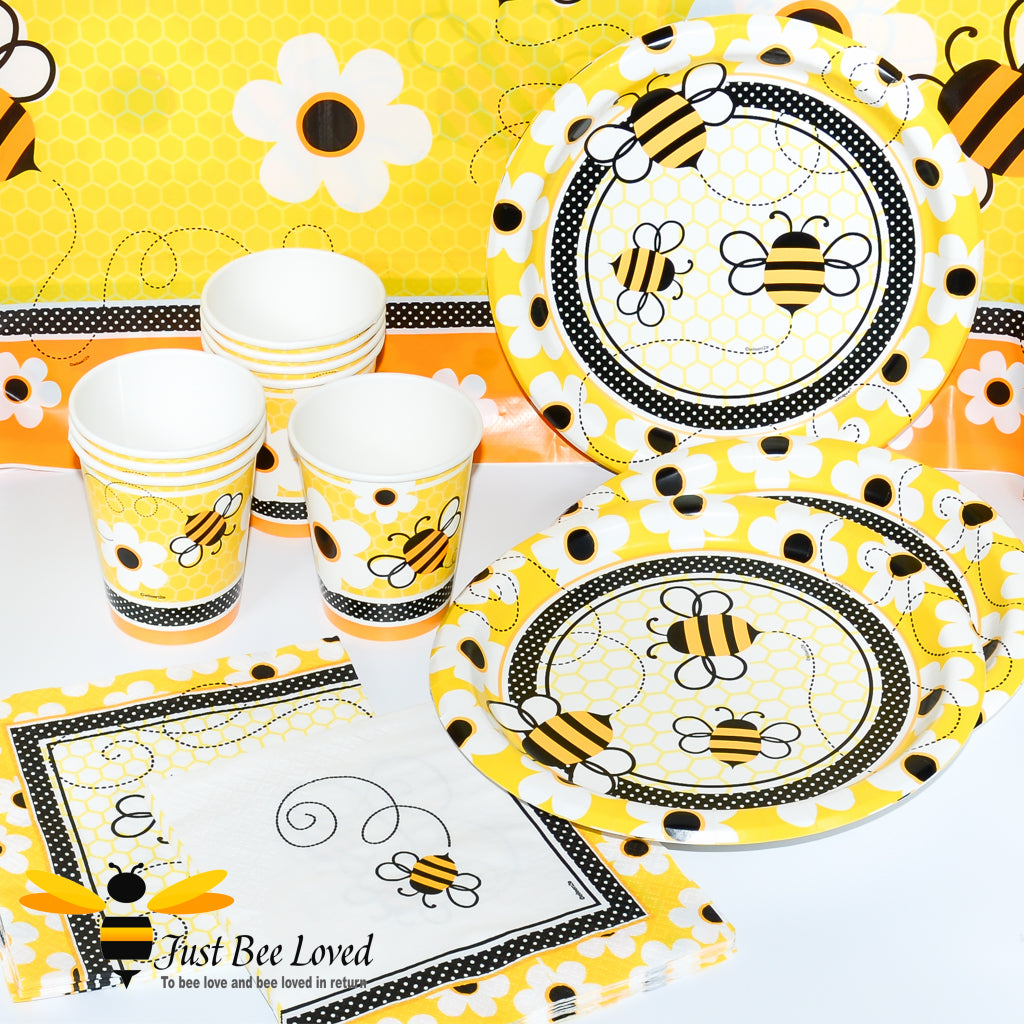 Bee themed disposable party tableware set with cups, plates, napkins and tablecloth.