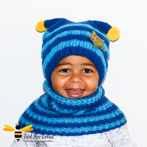 Children's Knitted Bee Beanie Hat & Snood Set - Blue