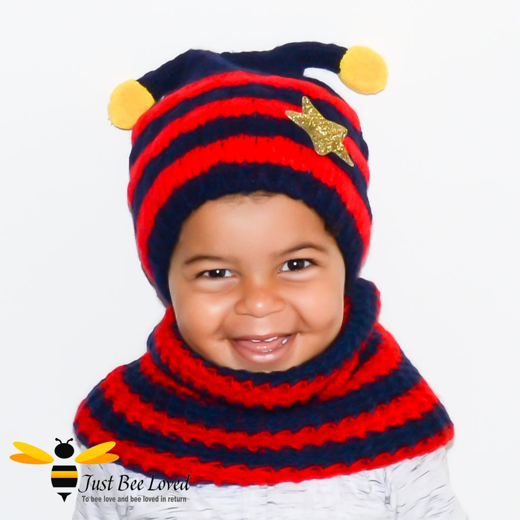 Children's Knitted Bee Beanie Hat & Snood Set - Red and Navy
