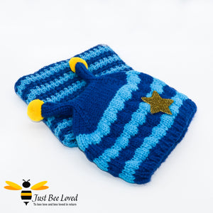 Children's Knitted Bee Beanie Hat & Snood Set - Navy and light Blue