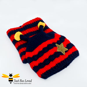 Children's Knitted Bee Beanie Hat & Snood Set - Red and Navy