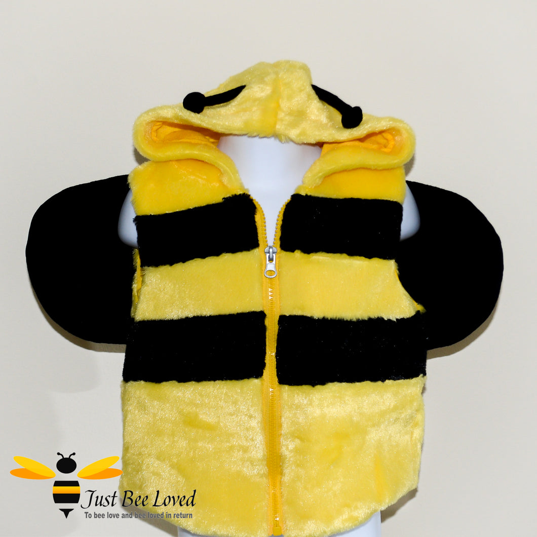 Children's Plush Hooded Bumblebee gilet with wings and antennae in black and yellow
