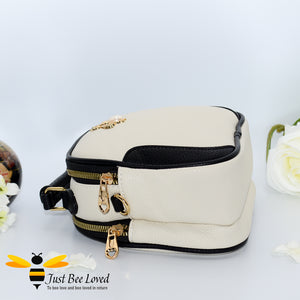 Just Bee Loved Bee Embellished PU Leather Crossbody Handbag with gold and pearl bee, in colours cream and black