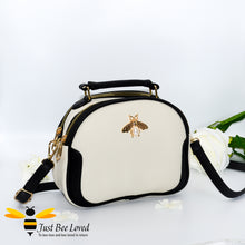 Load image into Gallery viewer, Just Bee Loved Bee Embellished PU Leather Crossbody Handbag with gold and pearl bee, in colours cream and black
