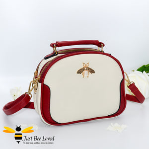 Just Bee Loved Bee Embellished PU Leather Crossbody Handbag with gold and pearl bee, in colours cream and red