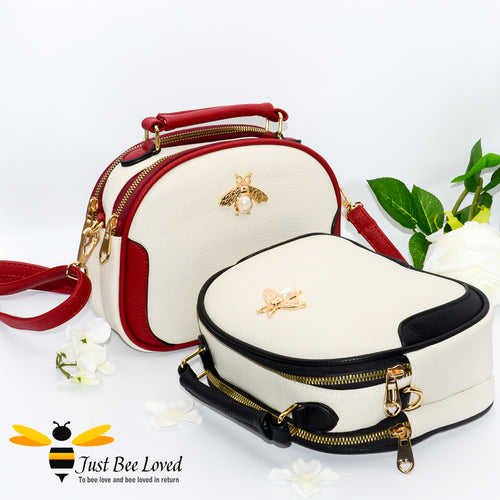 Just Bee Loved Bee Embellished PU Leather Crossbody Handbag with gold and pearl bee, in colours cream and red, and cream and black