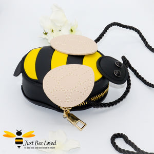 Cute girl's bumble bee PU Leather small cross body zipped purse handbag with black and yellow stripes and rope strap