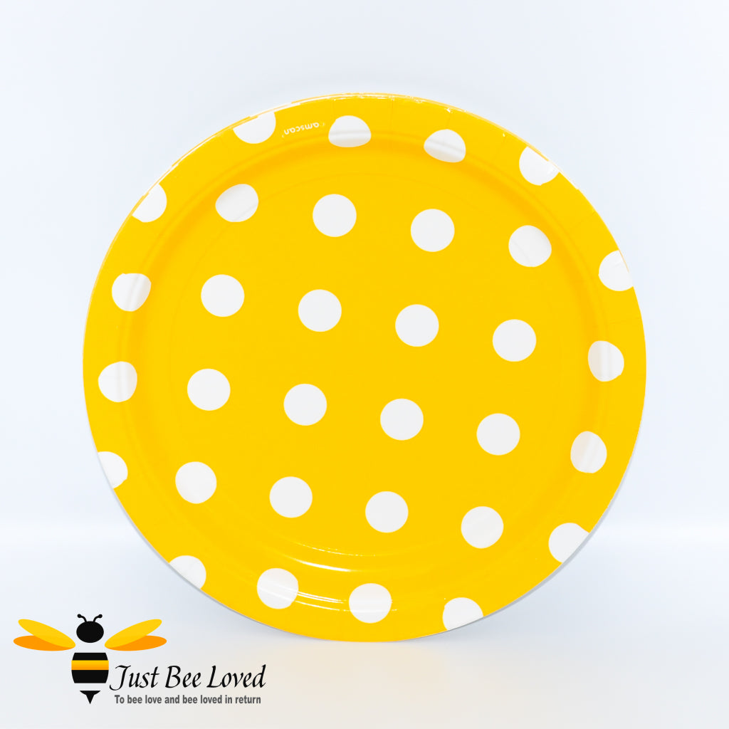 Yellow paper plates with white polkadots