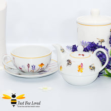 Load image into Gallery viewer, Fine China Busy Bees Tea For One Set featuring watercolour design of bumblebees in a field of flowers from the Jennifer Rose Busy Bees Leonardo Collection