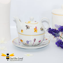 Load image into Gallery viewer, Fine China Busy Bees Tea For One Set featuring watercolour design of bumblebees in a field of flowers from the Jennifer Rose Busy Bees Leonardo Collection