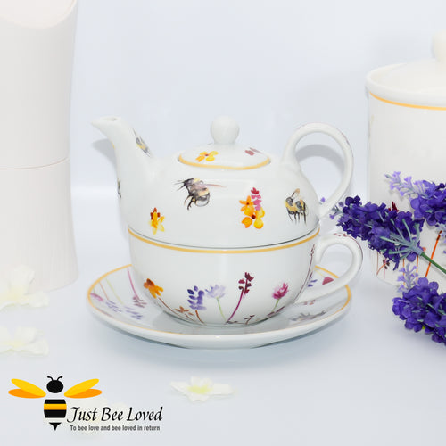 Fine China Busy Bees Tea For One Set featuring watercolour design of bumblebees in a field of flowers from the Jennifer Rose Busy Bees Leonardo Collection