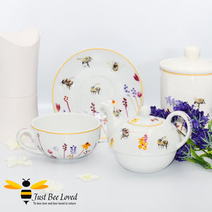 Fine China Busy Bees Tea For One Set featuring watercolour design of bumblebees in a field of flowers from the Jennifer Rose Busy Bees Leonardo Collection