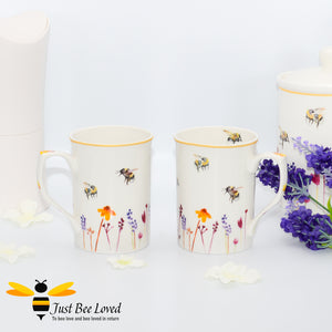 Fine China Busy Bees 2 Piece Mug Set featuring watercolour design of bumblebees in a field of flowers from the Jennifer Rose Busy Bees Leonardo Collection