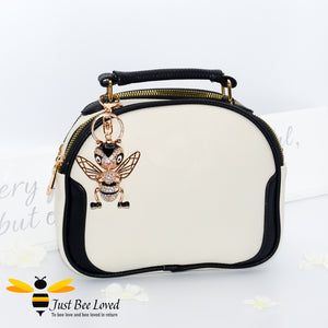 Just Bee Loved Large Honey Bee Keyring encrusted with white cubic zircon crystals and enamelled bee Handbag Accessory in gold colour