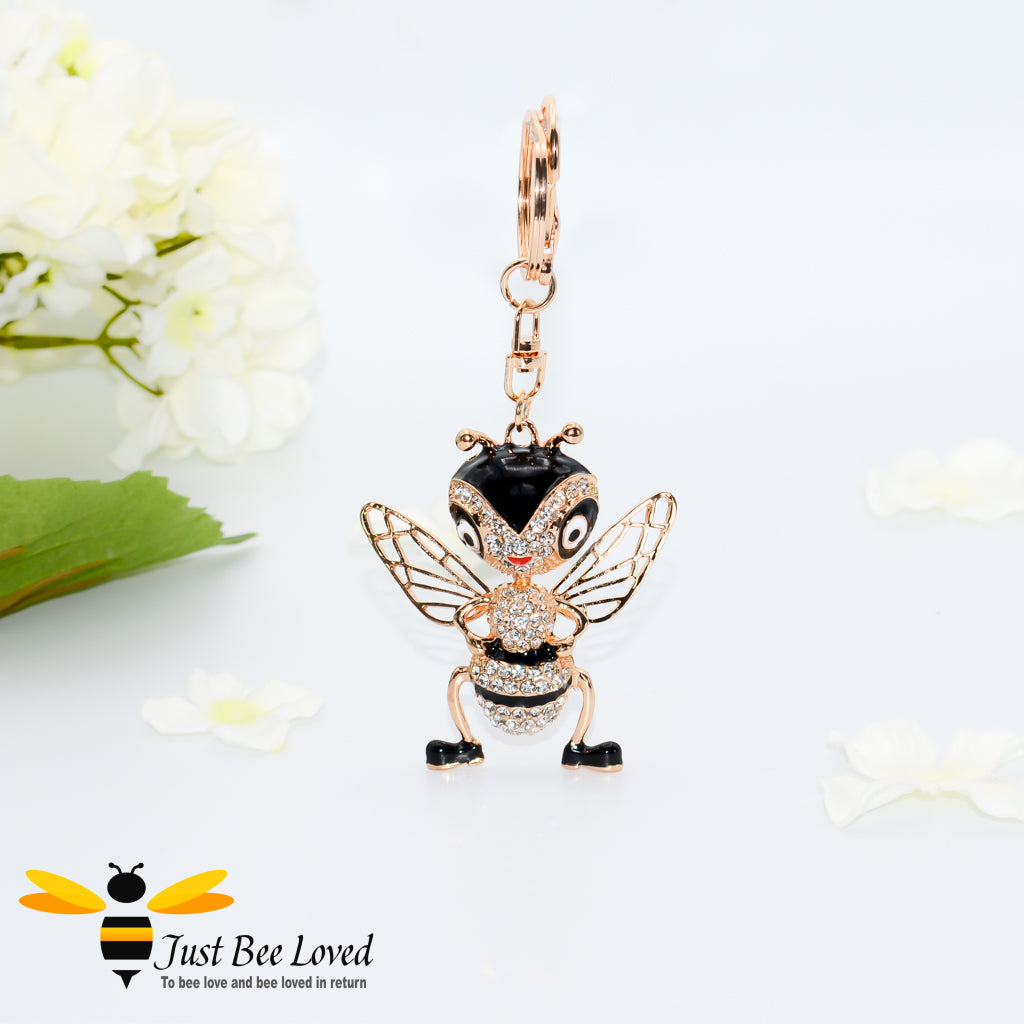 Just Bee Loved Large Honey Bee Keyring encrusted with white cubic zircon crystals and enamelled bee Handbag Accessory in gold colour