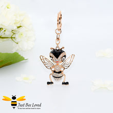 Load image into Gallery viewer, Just Bee Loved Large Honey Bee Keyring encrusted with white cubic zircon crystals and enamelled bee Handbag Accessory in gold colour