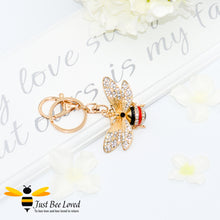 Load image into Gallery viewer, Just Bee Loved Rhinestone Large Bee Keyring encrusted with white cubic zircon crystals and enamelled bee Handbag Accessory in silver and gold colours