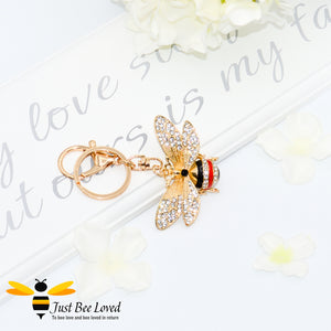 Just Bee Loved Rhinestone Large Bee Keyring encrusted with white cubic zircon crystals and enamelled bee Handbag Accessory in silver and gold colours