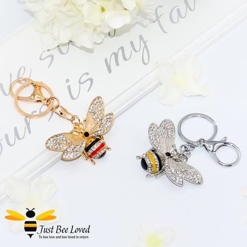 Just Bee Loved Rhinestone Large Bee Keyring encrusted with white cubic zircon crystals and enamelled bee Handbag Accessory in silver and gold colours