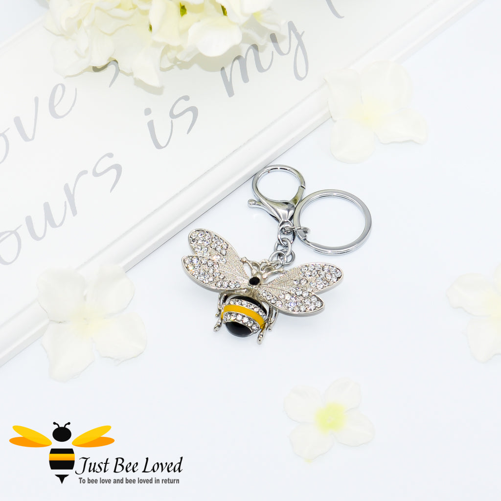 Just Bee Loved Rhinestone Large Bee Keyring encrusted with white cubic zircon crystals and enamelled bee Handbag Accessory in silver and gold colours