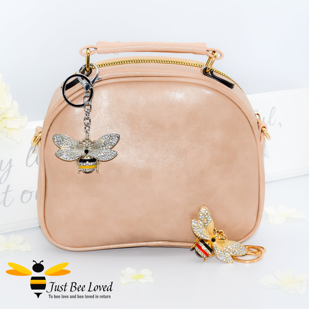 Just Bee Loved Rhinestone Large Bee Keyring encrusted with white cubic zircon crystals and enamelled bee Handbag Accessory in silver and gold colours