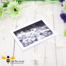 Load image into Gallery viewer, Daisy Dancing Bumblebees Black and White Blank Photographic Blank Greeting Card image by Landscape &amp; Nature Photographer Yasmin Flemming