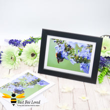Load image into Gallery viewer, Bumblebee and Blue Saliva Blank Photographic Greeting Card image by Landscape &amp; Nature Photographer Yasmin Flemming