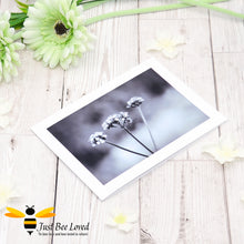 Load image into Gallery viewer, Bee on a Misty Morning Photographic Black and White Blank Greeting Card image by Landscape &amp; Nature Photographer Yasmin Flemming