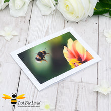 Load image into Gallery viewer, Flying Bumblebee Blank Photographic Greeting Card by Landscape &amp; Nature Photographer Yasmin Flemming