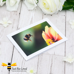 Flying Bumblebee Blank Photographic Greeting Card by Landscape & Nature Photographer Yasmin Flemming
