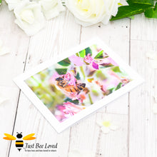 Load image into Gallery viewer, Honey bee foraging in a field of wild flowers Photographic Blank Greeting Card image by Landscape &amp; Nature Photographer Yasmin Flemming