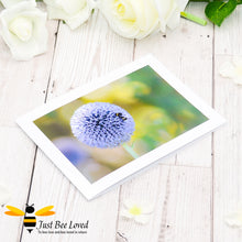 Load image into Gallery viewer, Bumblebee and Globe Thistle Photographic Blank Greeting Card image by Landscape &amp; Nature Photographer Yasmin Flemming