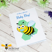 Load image into Gallery viewer, Just Bee Loved Little Bee New Baby Boy Greeting Card featuring a cute baby bumble bee with a dummy design by Artist Yasmin Flemming
