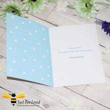 Load image into Gallery viewer, Just Bee Loved Little Bee New Baby Boy Greeting Card featuring a cute baby bumble bee with a dummy design by Artist Yasmin Flemming