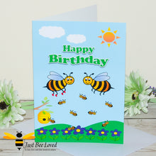 Load image into Gallery viewer, Just Bee Loved Little Bee Happy Birthday Greeting Card with bee family illustration by Artist Yasmin Flemming
