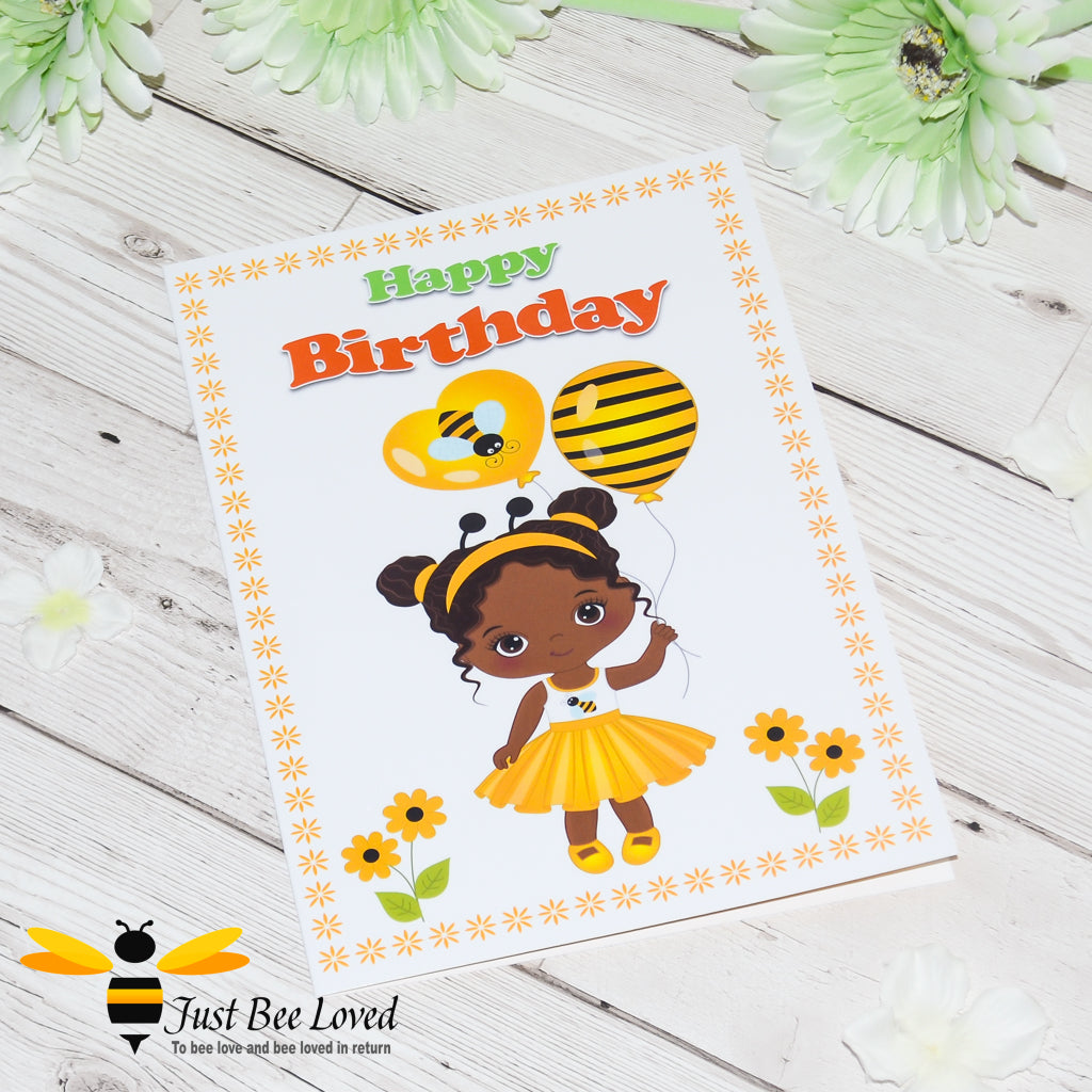 Just Bee Loved Little Bee Happy Birthday Greeting Card for Girl dressed as a bee holding bee balloons