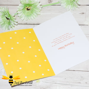 Just Bee Loved Little Bee Happy Birthday Greeting Card for Girl dressed as a bee holding bee balloons