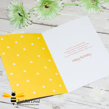 Load image into Gallery viewer, Just Bee Loved Little Bee Happy Birthday Greeting Card for girl with girl dressed as a bee and holding bee balloons illustration