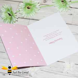 Just Bee Loved Little Bee Happy 1st Birthday for girl greeting card featuring a cute bumble bee with a party hat with the number 1 and balloons design by Artist Yasmin Flemming