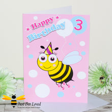 Load image into Gallery viewer, Just Bee Loved Little Bee Age 3 Birthday Greeting Card for Girl with bee illustration by Artist Yasmin Flemming