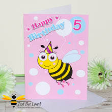 Load image into Gallery viewer, Just Bee Loved Little Bee Age 5 Birthday Greeting Card for Girl with bee illustration by Artist Yasmin Flemming