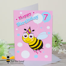 Load image into Gallery viewer, Just Bee Loved Little Bee Age 7 Birthday Greeting Card for Girl with bee illustration by Artist Yasmin Flemming