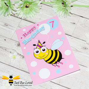 Just Bee Loved Little Bee Age 7 Birthday Greeting Card for Girl with bee illustration by Artist Yasmin Flemming