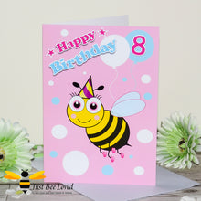 Load image into Gallery viewer, Just Bee Loved Little Bee Age 8 Birthday Greeting Card for Girl with bee illustration by Artist Yasmin Flemming