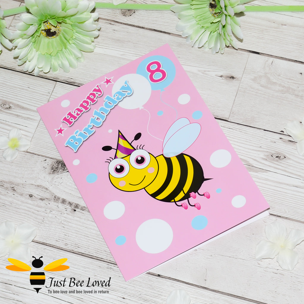 Just Bee Loved Little Bee Age 8 Birthday Greeting Card for Girl with bee illustration by Artist Yasmin Flemming